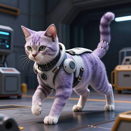 CGI image of a purple-striped, cybernetic cat with white paws and tail tip, wearing a white harness, walking in a futuristic,