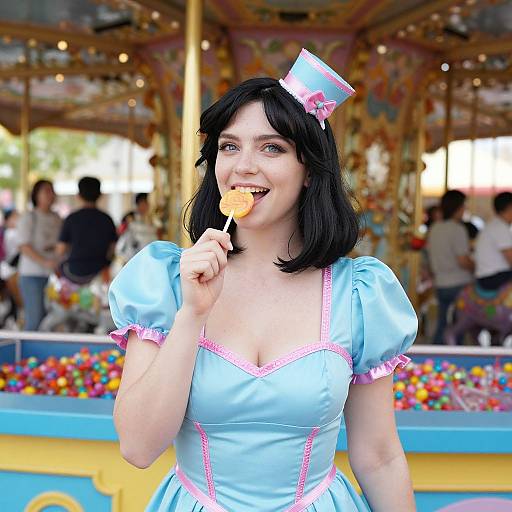 Photograph of a smiling woman with pale skin and black hair, wearing a blue and pink fairy costume, holding a lollipop, in a colorful,