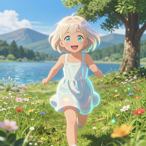 Anime-style digital artwork of a happy, blonde-haired, blue-eyed child in a white dress running joyfully through a colorful, flower-filled meadow by