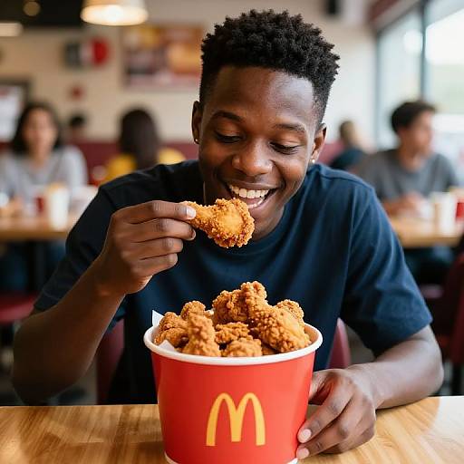 Photograph of a smiling Black man with short curly hair, wearing a black t-shirt, eating crispy McDonald's nuggets from a red cup. Bl