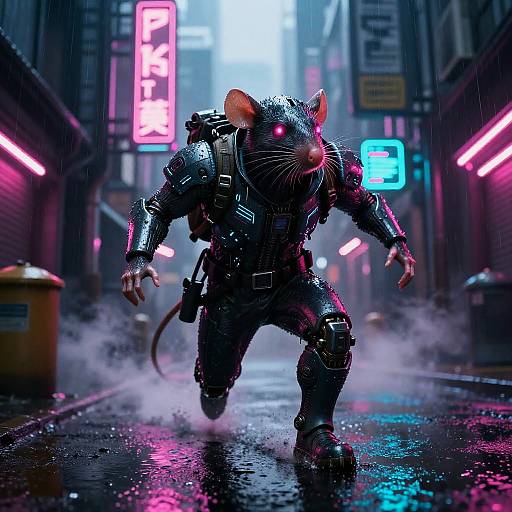 Cyberpunk rat in black tactical gear, neon-lit, rain-soaked alley, glowing red eyes, neon signs, wet street, futuristic,