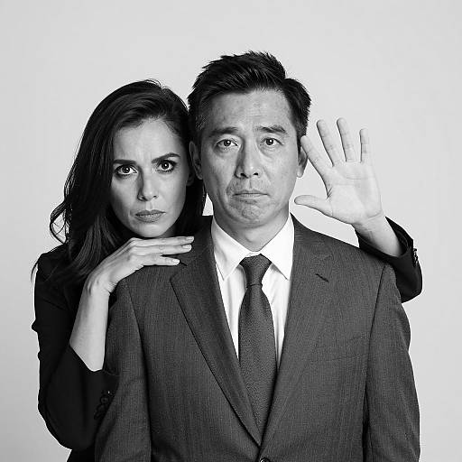 Black and white portrait of serious man and woman