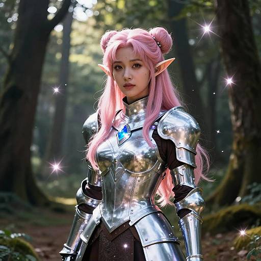 Photorealistic digital artwork of a pink-haired elf woman with pointed ears, wearing shiny silver armor and a blue gem, standing in a sunlit forest
