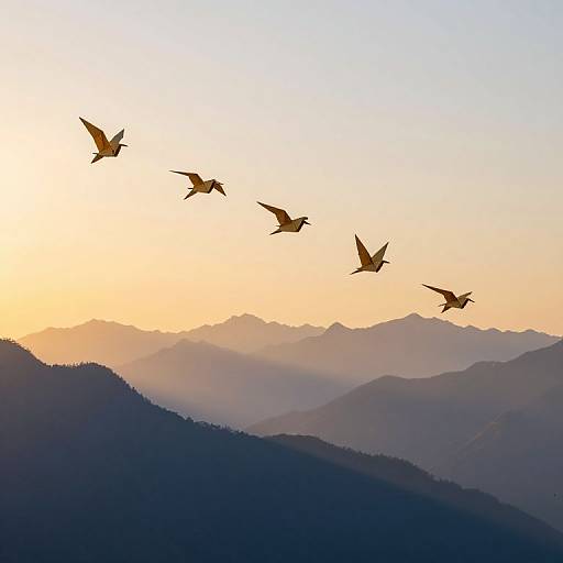 Photograph of five birds in flight silhouetted against a sunset sky, with layered mountain ranges in shades of blue and purple.