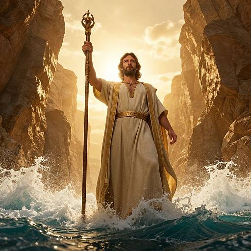 Photorealistic CGI of a bearded man in a golden-trimmed white robe, holding a staff, standing in turbulent ocean waves at sunset,