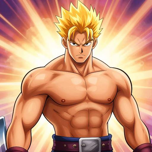 Digital anime-style drawing of a muscular, shirtless blond man with spiked hair, intense expression, glowing background, and dark belt. Radiant light beams