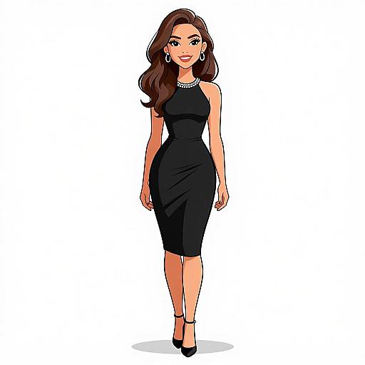 Digital illustration of a confident woman with long brown hair, wearing a black sleeveless dress, pearl necklace, earrings, and black heels.