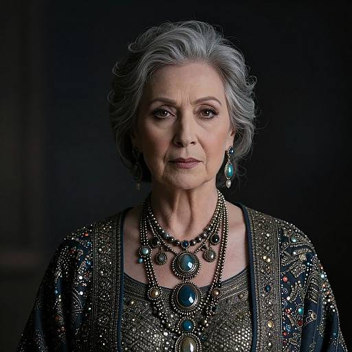 Photograph of an elderly woman with gray hair, wearing an ornate, bejeweled dress and matching necklace with blue gemstones, against a