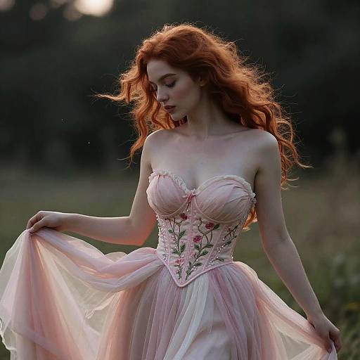 Photograph of a fair-skinned, red-haired woman in a pink, floral-embellished corset dress, holding her skirt, standing in