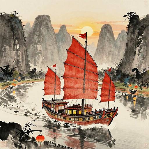 Nihonga Ink Wash Chinese Junk Scene
