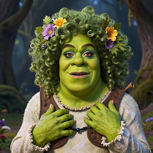 Photograph of a green-skinned, elderly woman with curly hair, wearing a flower crown, white dress, and brown vest, standing in a mystical