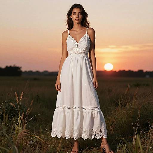 Woman in White Maxi Dress at Sunset