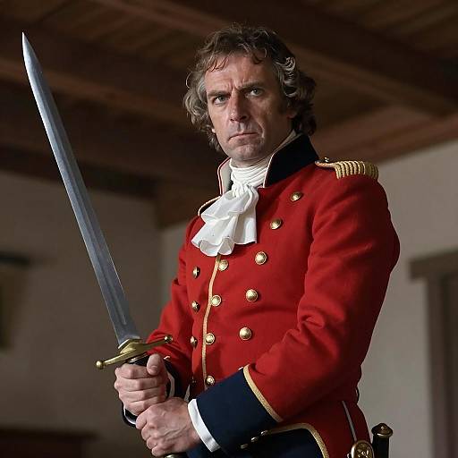 Man in Historical Military Uniform Holding Sword