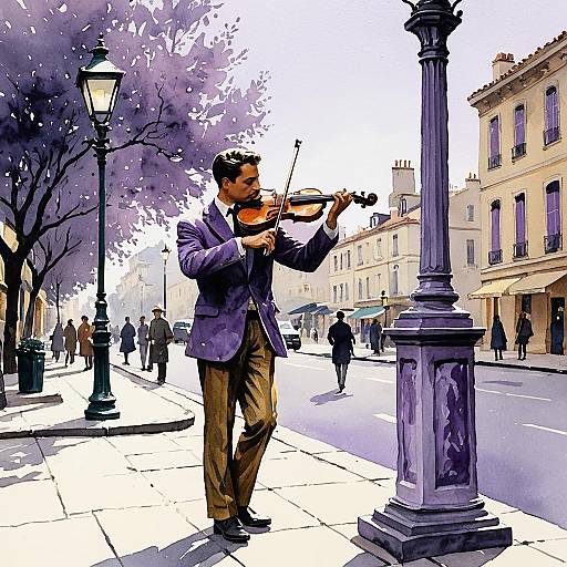 Street Violinist Sculpture Under Lamppost