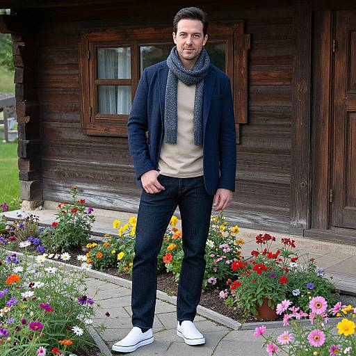Photograph of a handsome, dark-haired man in a navy blazer, beige sweater, gray scarf, black pants, and white sneakers, standing in