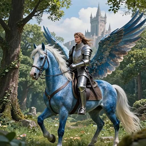 Heroic Knight on Blue Winged Horse
