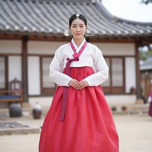Photograph of a young Asian woman in traditional Korean hanbok with white blouse and red skirt, standing in front of a Korean-style building with tiled