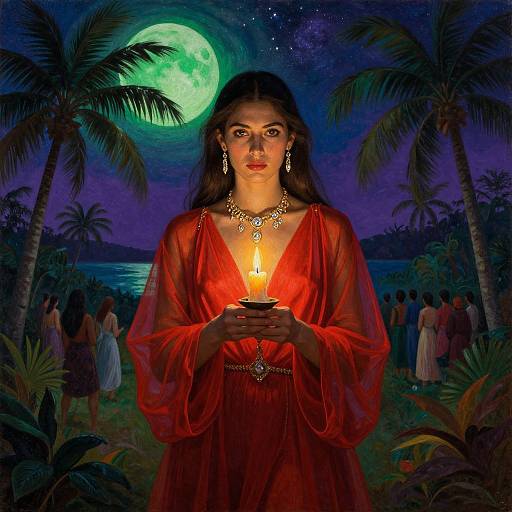Digital artwork of a beautiful woman with long dark hair, wearing a red, sheer dress, holding a lit candle under a green moonlit sky, surrounded
