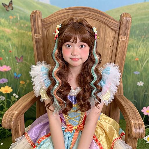 Digital art of a young girl with long wavy brown hair with blue highlights, wearing a colorful fairy tale dress, sitting on a wooden chair in a