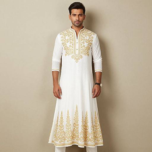 Man in Trendy White and Gold Indian Outfit