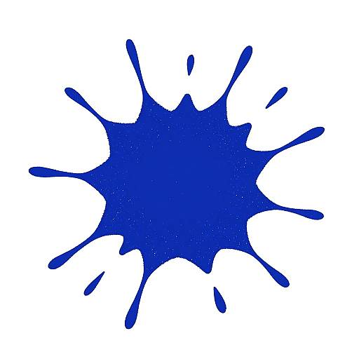 Digital illustration of a bold, blue ink splatter against a white background. The splatter has irregular, elongated droplets extending outward. Simple,