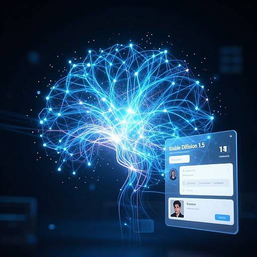Digital illustration of a blue, glowing network tree against a dark background, with a floating, transparent screen displaying user profile information.