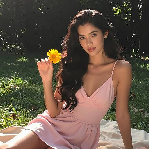 Woman in Pink Dress Holding Yellow Flower Outdoors