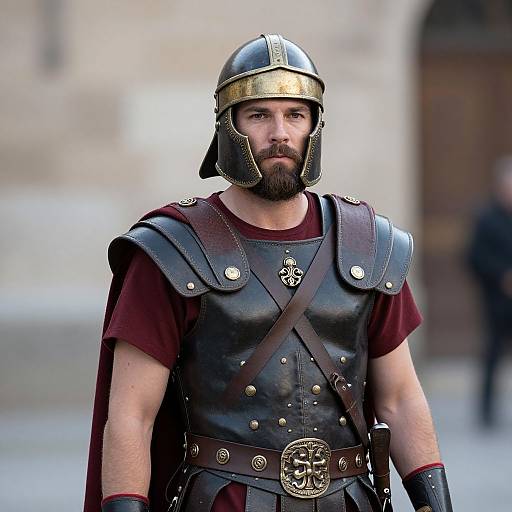 Photograph of a bearded man in ancient Roman armor with a black helmet, brown tunic, and leather chest plate, standing outdoors.