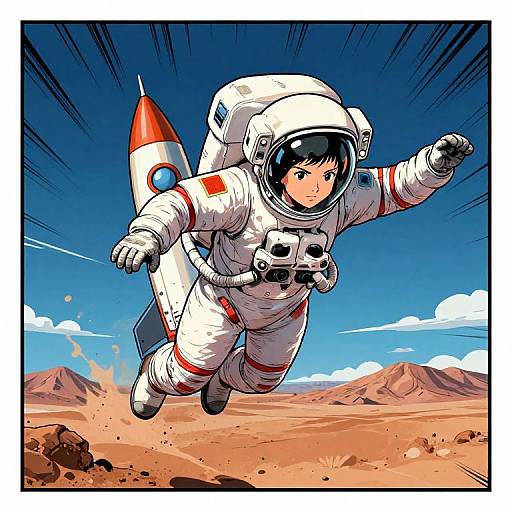 Anime-style drawing of a young astronaut with black hair, white spacesuit, and rocket, soaring over a desert landscape with a clear blue sky.