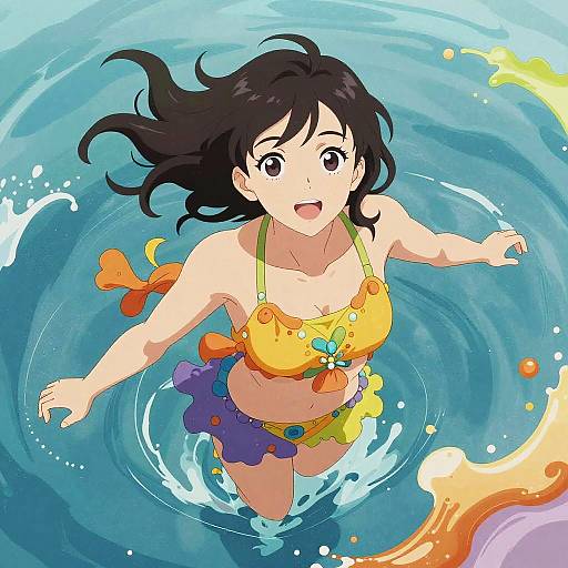 Mature Woman Floating in Colorful Water