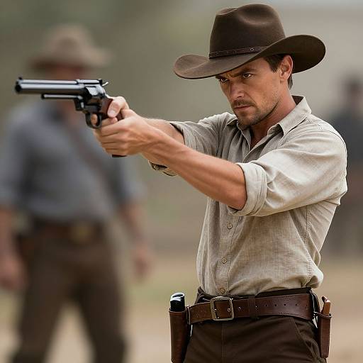Photograph of a rugged, bearded man in a brown hat and light shirt, aiming a handgun with a focused expression. Background includes blurred, out