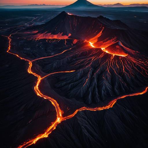 Aerial View of Volcanic Eruption with Flowing Lava