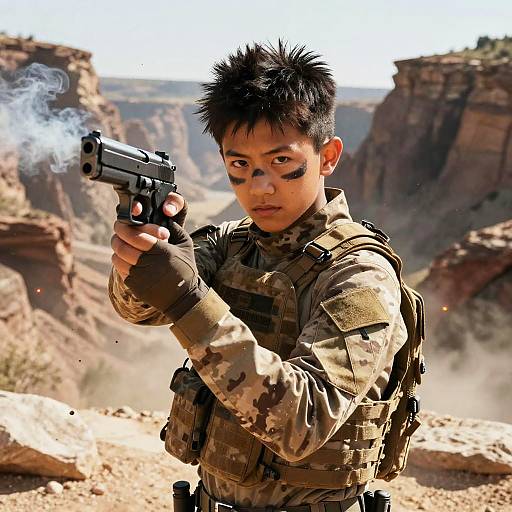 Photorealistic digital artwork of an Asian male soldier with black spiky hair, camouflage uniform, and tactical gear, firing a gun in a desert canyon