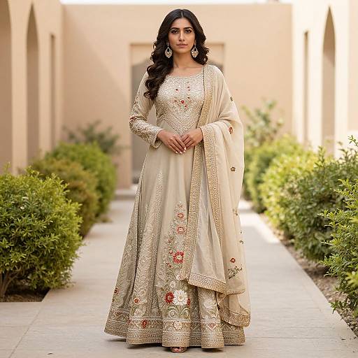 Photograph of an Indian woman with long black hair, wearing a cream-colored, intricately embroidered traditional lehenga and dupatta, standing in a sun