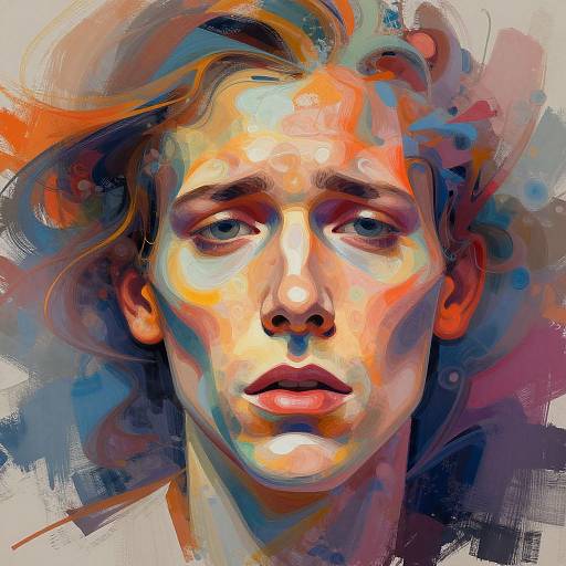Abstract digital portrait of a young person with colorful, swirling hues of orange, blue, and purple, featuring expressive, contemplative eyes.