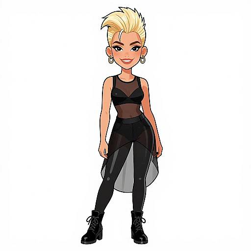 Digital drawing of a blonde, punk-styled woman with spiky hair, wearing a black mesh top, black pants, and boots, standing confidently.