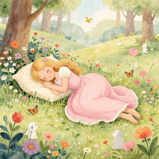 Digitally drawn anime-style scene: blonde girl in pink dress sleeps peacefully on white pillow amidst colorful flowers, surrounded by butterflies, in sunlit forest.