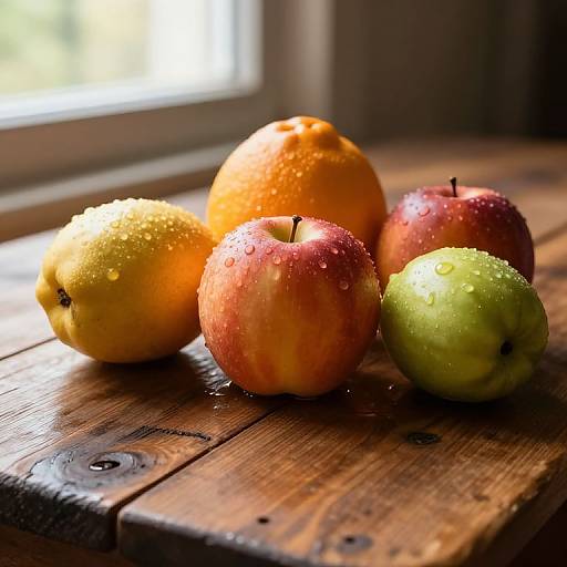 Photograph of four fruits—two red apples, one yellow-green apple, and one orange—dewy and glistening, on a sunlit