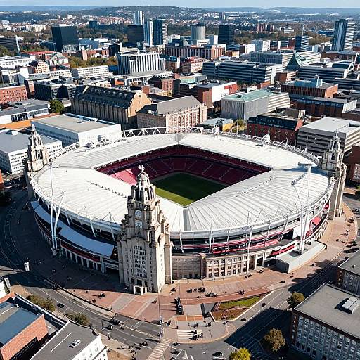 Aerial photograph of a large, white-roofed stadium with gothic architecture, surrounded by urban buildings and a cityscape in the background.