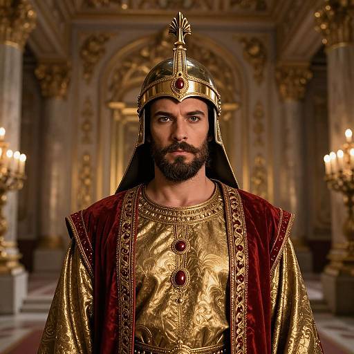Photorealistic digital artwork of a bearded man in medieval regal attire, wearing a golden helmet with a red gem, and a red velvet robe