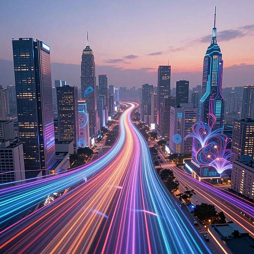 Photograph of a vibrant, neon-lit cityscape at dusk, featuring long exposure light trails in blue, red, and purple on a busy street