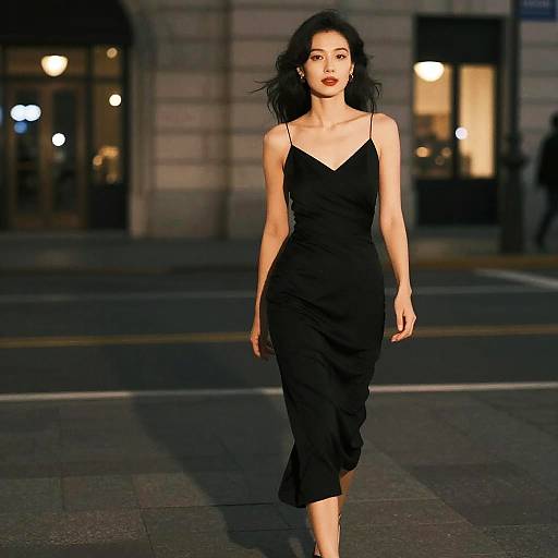 Elegant Woman Walking in Black Evening Gown