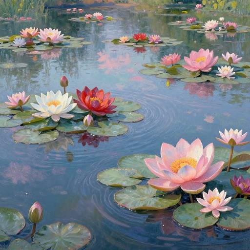 Photograph of a serene pond with pink and white water lilies, green lily pads, and ripples on reflective water.