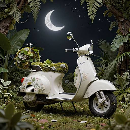 Photograph of a vintage white scooter adorned with floral arrangements, parked in a moonlit, lush jungle with a crescent moon.
