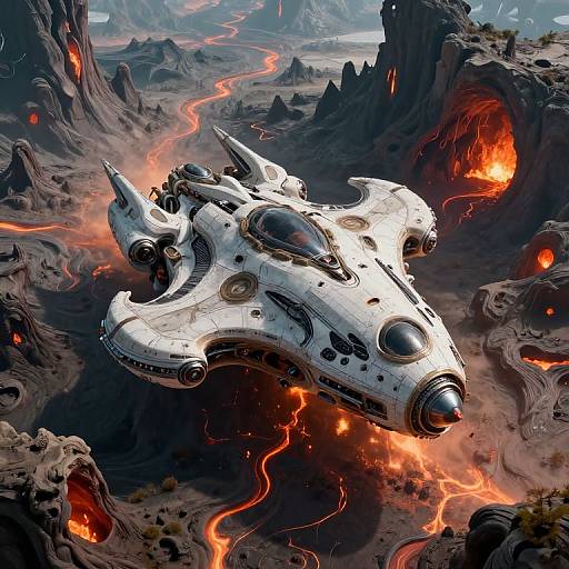 CGI digital artwork: A sleek, white, futuristic spaceship with black accents flies over a volcanic, lava-filled, rocky canyon landscape. Lava rivers
