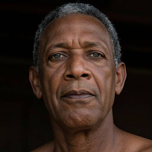 Close-up photograph of an older, shirtless, dark-skinned man with gray curly hair, deep wrinkles, and serious expression, against a black background