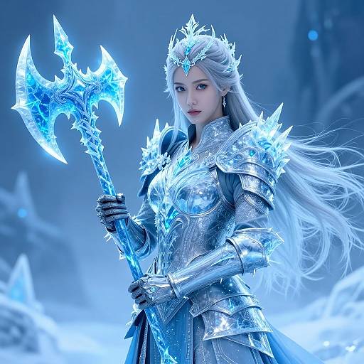 Digital artwork of an ethereal, silver-haired female warrior in icy blue armor, holding a glowing, crystalline double axe. Blue misty background enhances
