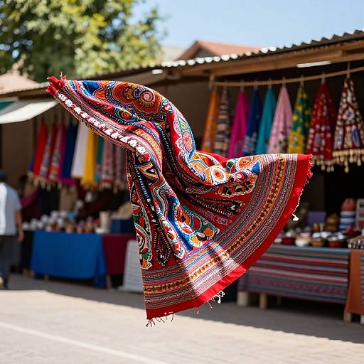 Photograph of a vividly colorful, intricately patterned, red and blue embroidered scarf flying in the air at a bustling outdoor market.