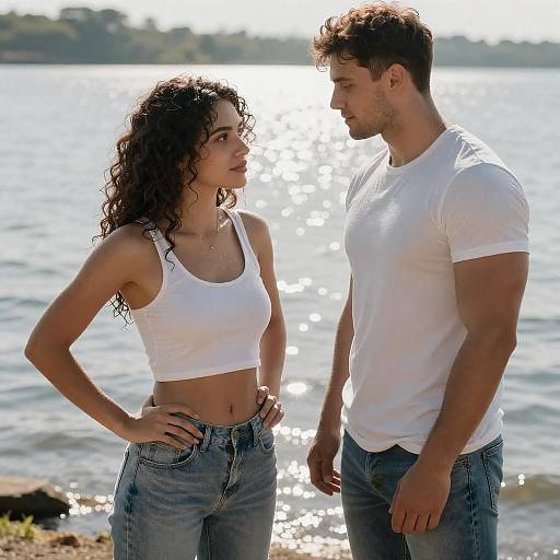 Sunlit Couple by Reflective Waters