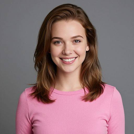 Photograph of a smiling young woman with fair skin, brown shoulder-length hair, wearing a pink ribbed long-sleeve shirt, against a plain